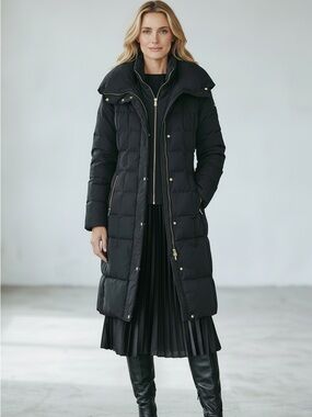Cole Haan long black winter puffer jacket down & feathers hood gold button small